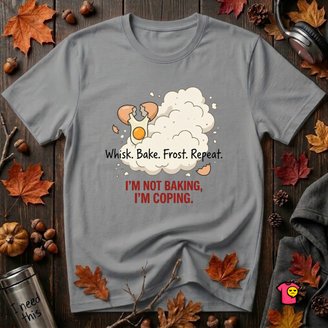 I'm Not Baking, I'm Coping sarcastic baking graphic t-shirt in Heather Storm by Snarky Sarks