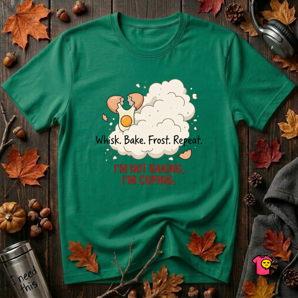 I'm Not Baking, I'm Coping sarcastic baking graphic t-shirt in Kelly by Snarky Sarks