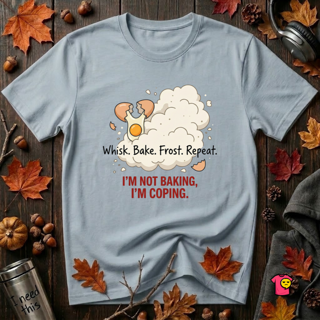 I'm Not Baking, I'm Coping sarcastic baking graphic t-shirt in Light Blue by Snarky Sarks