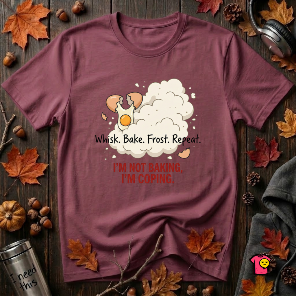 I'm Not Baking, I'm Coping sarcastic baking graphic t-shirt in Maroon by Snarky Sarks