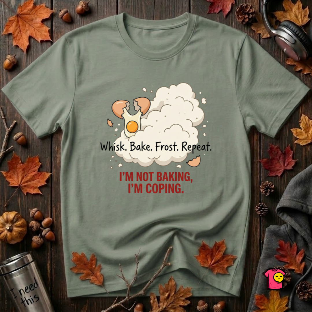 I'm Not Baking, I'm Coping sarcastic baking graphic t-shirt in Military Green by Snarky Sarks