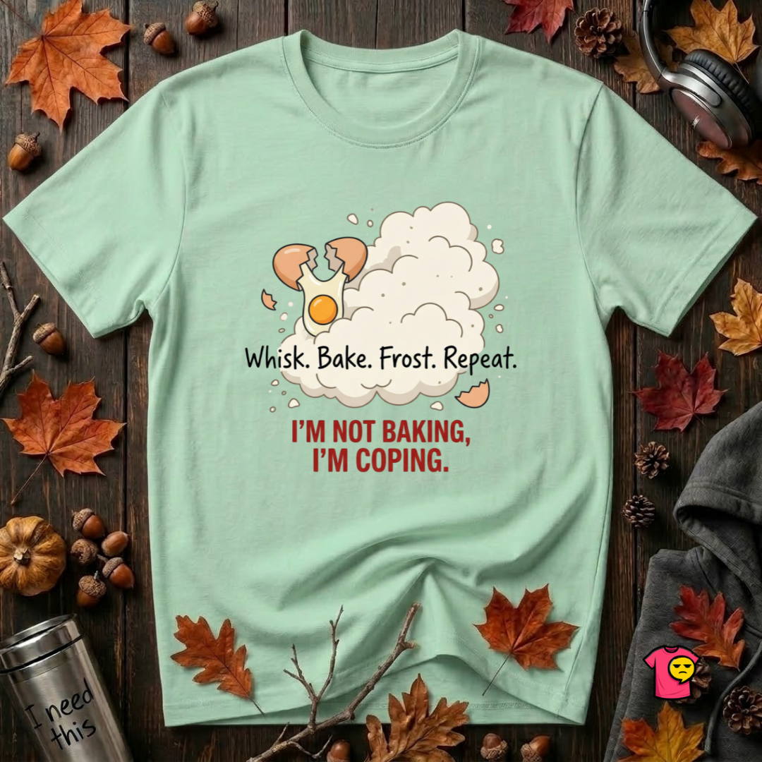 I'm Not Baking, I'm Coping sarcastic baking graphic t-shirt in Mint by Snarky Sarks