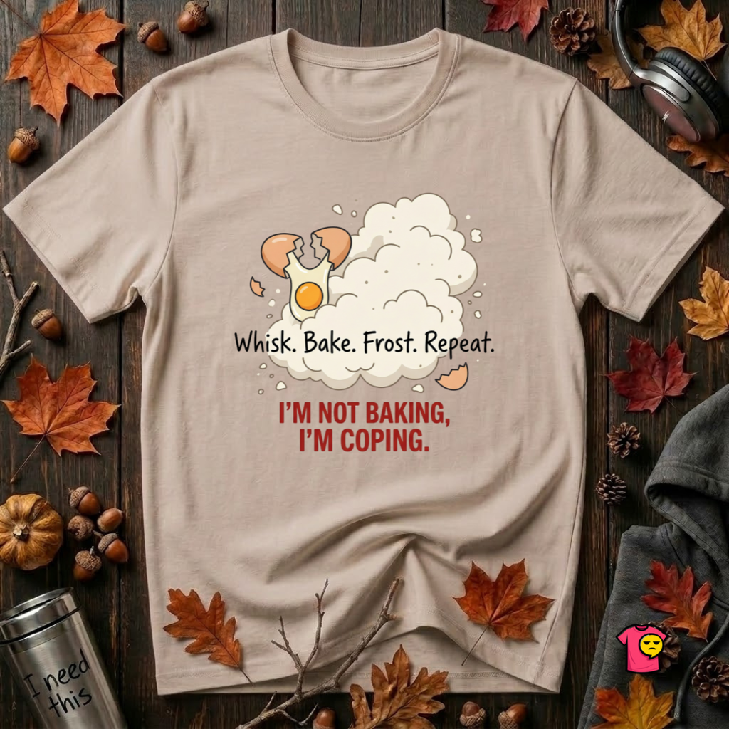 I'm Not Baking, I'm Coping sarcastic baking graphic t-shirt in Natural by Snarky Sarks