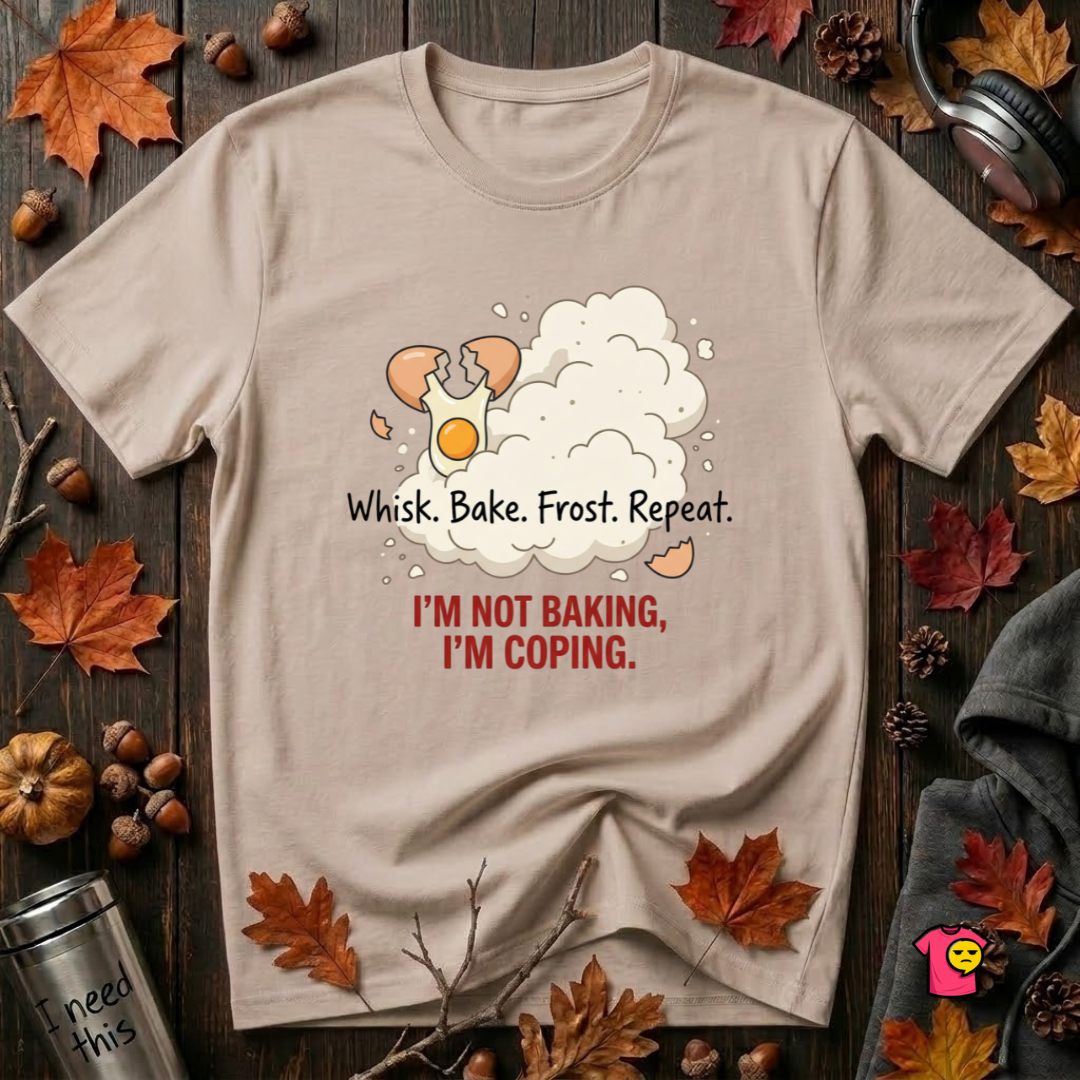I'm Not Baking, I'm Coping sarcastic baking graphic t-shirt in Natural by Snarky Sarks