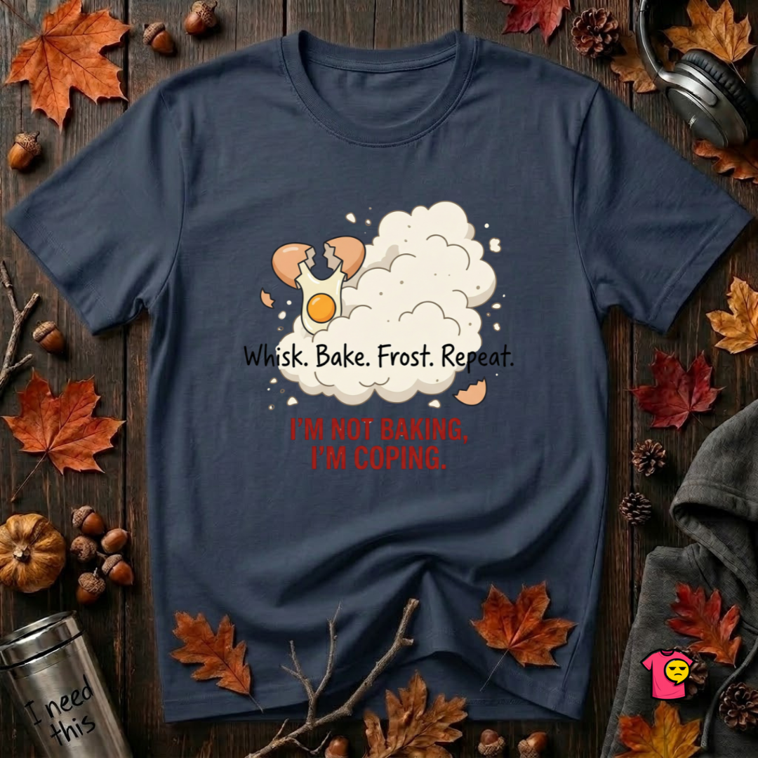 I'm Not Baking, I'm Coping sarcastic baking graphic t-shirt in Navy by Snarky Sarks