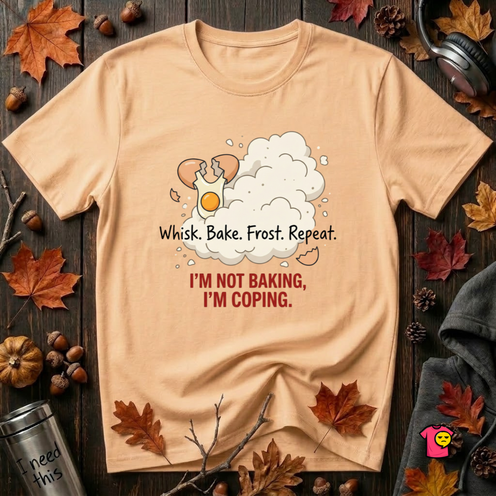 I'm Not Baking, I'm Coping sarcastic baking graphic t-shirt in Peach by Snarky Sarks