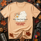 I'm Not Baking, I'm Coping sarcastic baking graphic t-shirt in Peach by Snarky Sarks