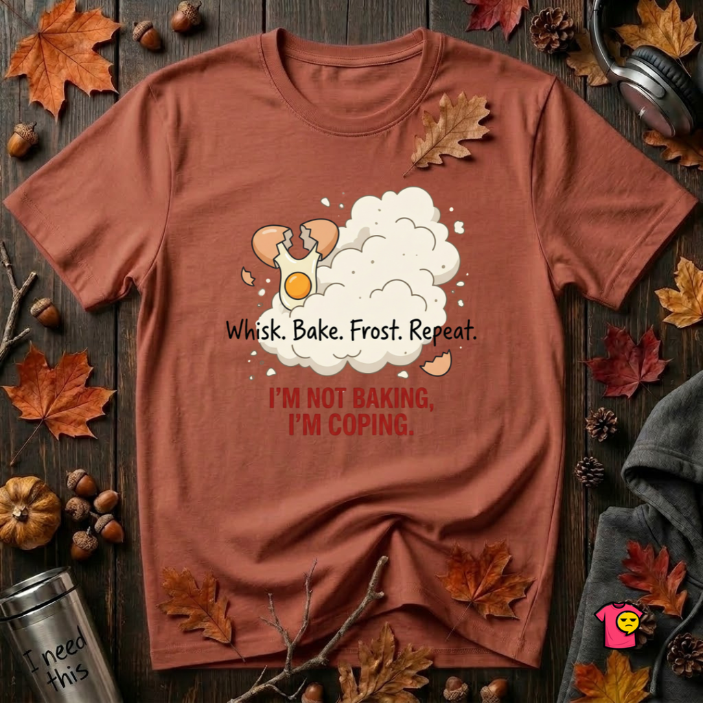 I'm Not Baking, I'm Coping sarcastic baking graphic t-shirt in Rust by Snarky Sarks