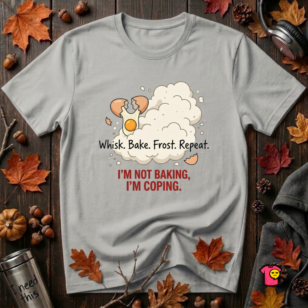 I'm Not Baking, I'm Coping sarcastic baking graphic t-shirt in Silver by Snarky Sarks