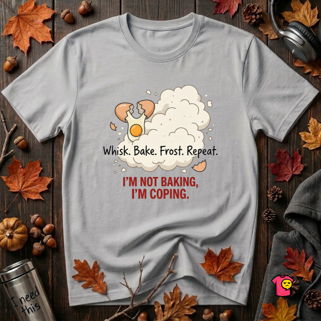 I'm Not Baking, I'm Coping sarcastic baking graphic t-shirt in Solid Athletic Gray by Snarky Sarks