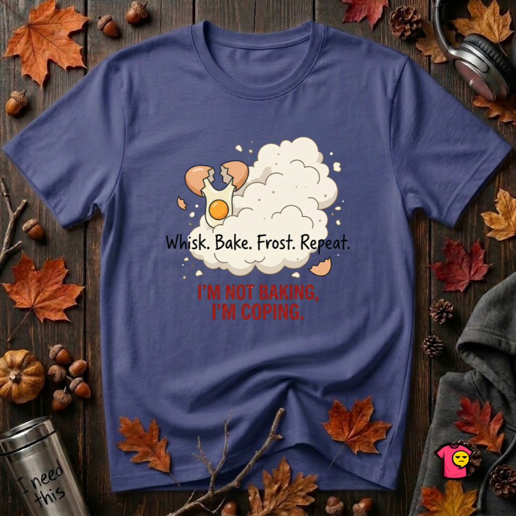 I'm Not Baking, I'm Coping sarcastic baking graphic t-shirt in Team Navy by Snarky Sarks