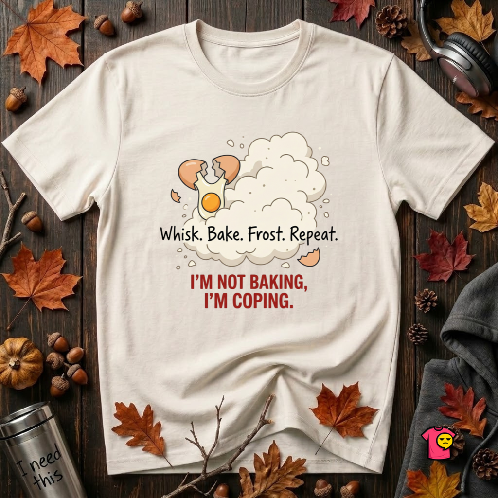 I'm Not Baking, I'm Coping sarcastic baking graphic t-shirt in White by Snarky Sarks