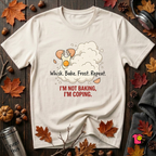 I'm Not Baking, I'm Coping sarcastic baking graphic t-shirt in White by Snarky Sarks