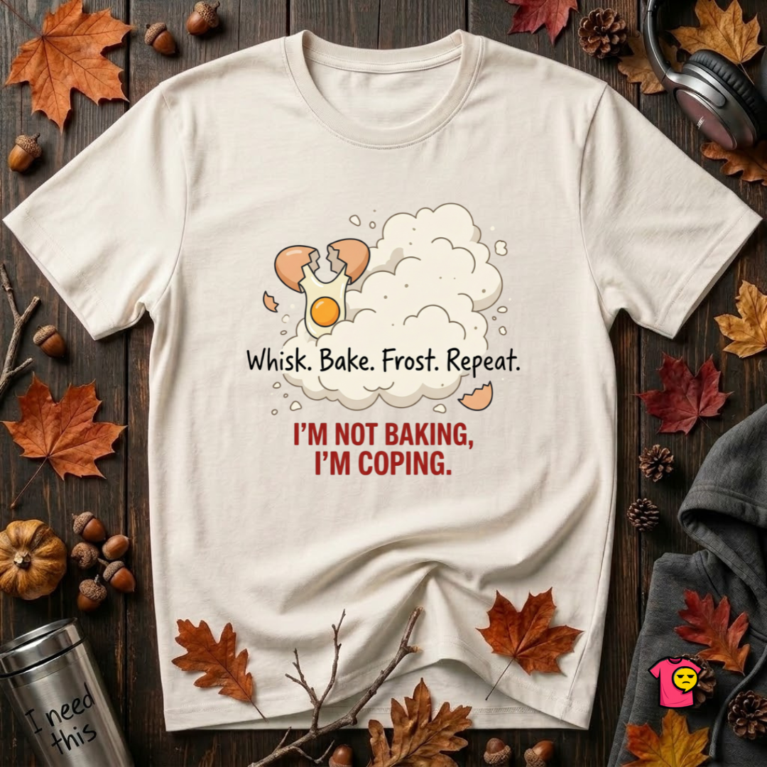 I'm Not Baking, I'm Coping sarcastic baking graphic t-shirt in White by Snarky Sarks