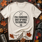 I'm a Yarnivore -- Shut Up While I'm Counting knitting graphic t-shirt in White by Snarky Sarks