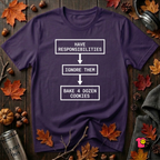 Ignore Responsibilities -- Bake 4 Dozen Cookies sarcastic graphic t-shirt in Team Purple by Snarky Sarks