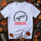 Intergalactic Relocation Services sarcastic graphic t-shirt in Ash by Snarky Sarks