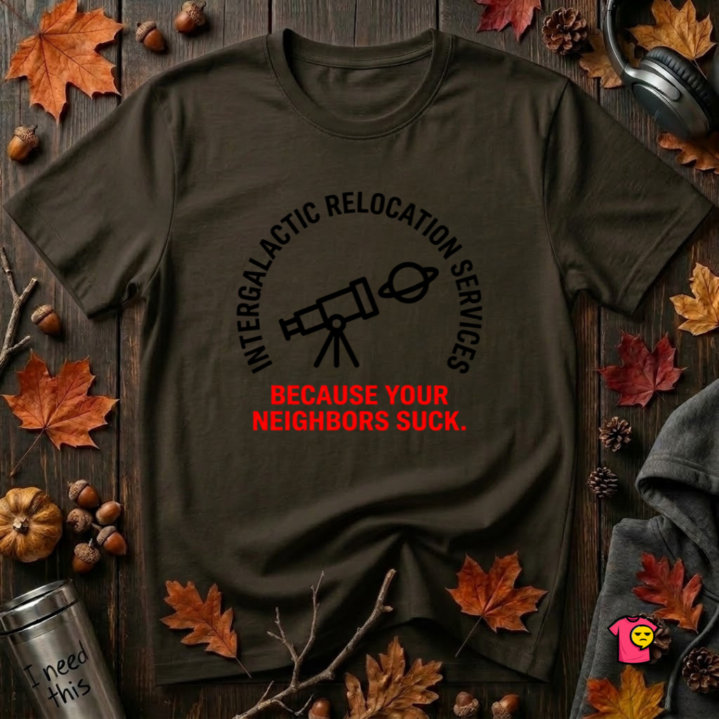 Intergalactic Relocation Services sarcastic graphic t-shirt in Black by Snarky Sarks