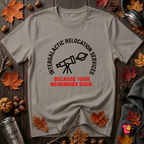 Intergalactic Relocation Services sarcastic graphic t-shirt in Deep Heather by Snarky Sarks