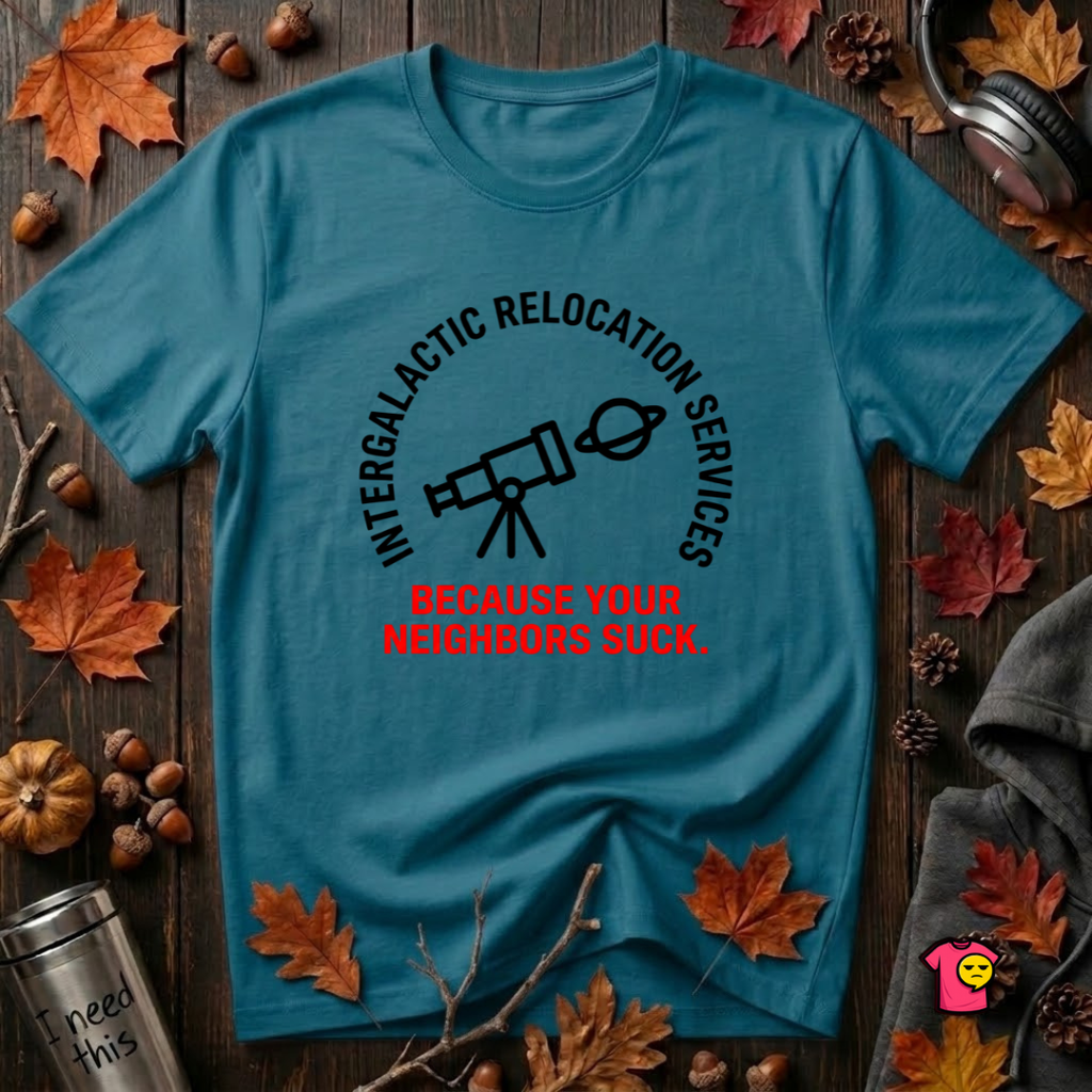 Intergalactic Relocation Services sarcastic graphic t-shirt in Deep Teal by Snarky Sarks