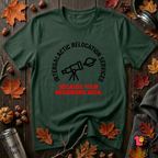 Intergalactic Relocation Services sarcastic graphic t-shirt in Forest by Snarky Sarks