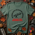 Intergalactic Relocation Services sarcastic graphic t-shirt in Heather Forest by Snarky Sarks