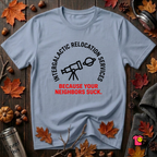 Intergalactic Relocation Services sarcastic graphic t-shirt in Heather Prism Blue by Snarky Sarks