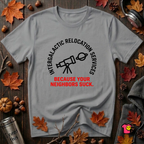 Intergalactic Relocation Services sarcastic graphic t-shirt in Heather Storm by Snarky Sarks