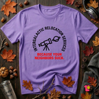 Intergalactic Relocation Services sarcastic graphic t-shirt in Heather Team Purple by Snarky Sarks