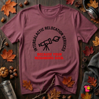 Intergalactic Relocation Services sarcastic graphic t-shirt in Maroon by Snarky Sarks