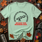 Intergalactic Relocation Services sarcastic graphic t-shirt in Mint by Snarky Sarks