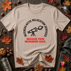 Intergalactic Relocation Services sarcastic graphic t-shirt in Natural by Snarky Sarks