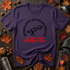Intergalactic Relocation Services sarcastic graphic t-shirt in Purple by Snarky Sarks