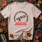 Intergalactic Relocation Services sarcastic graphic t-shirt in Soft Pink by Snarky Sarks