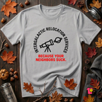 Intergalactic Relocation Services sarcastic graphic t-shirt in Solid Athletic Gray by Snarky Sarks