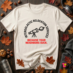 Intergalactic Relocation Services sarcastic graphic t-shirt in White by Snarky Sarks