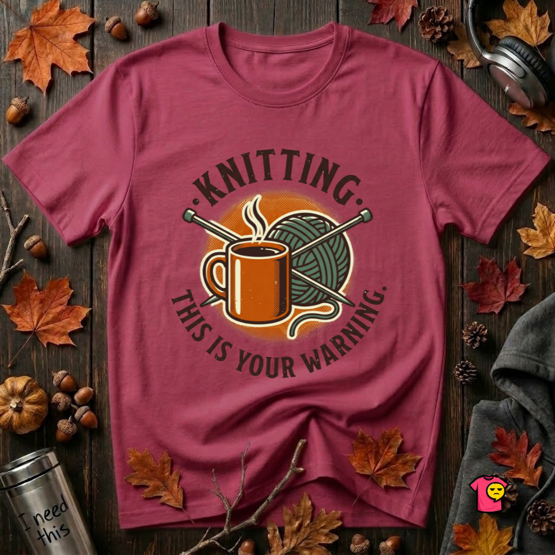 Knitting. This is Your Warning. sarcastic graphic t-shirt in Cardinal by Snarky Sarks