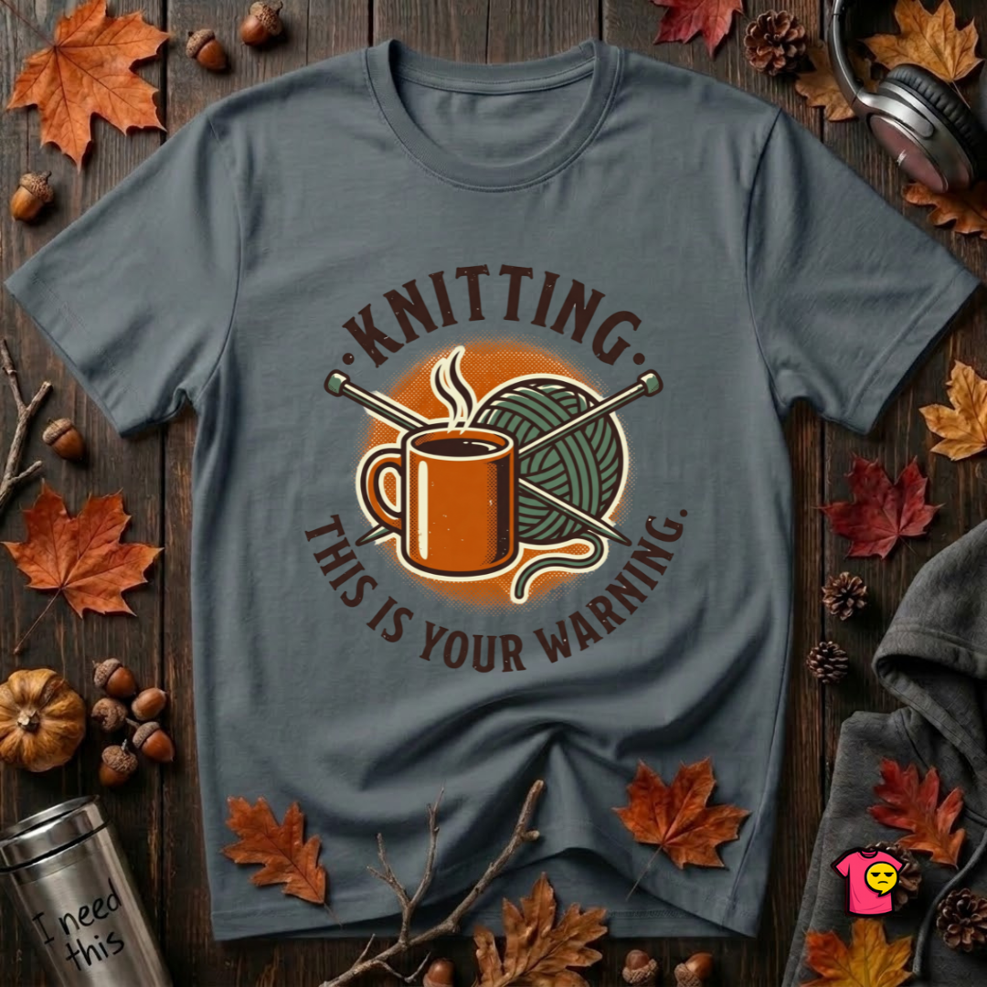 Knitting. This is Your Warning. sarcastic graphic t-shirt in Dark Gray by Snarky Sarks
