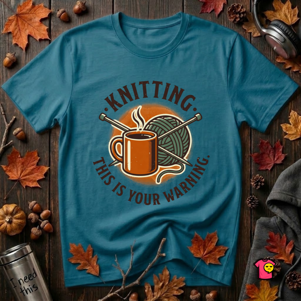 Knitting. This is Your Warning. sarcastic graphic t-shirt in Deep Teal by Snarky Sarks