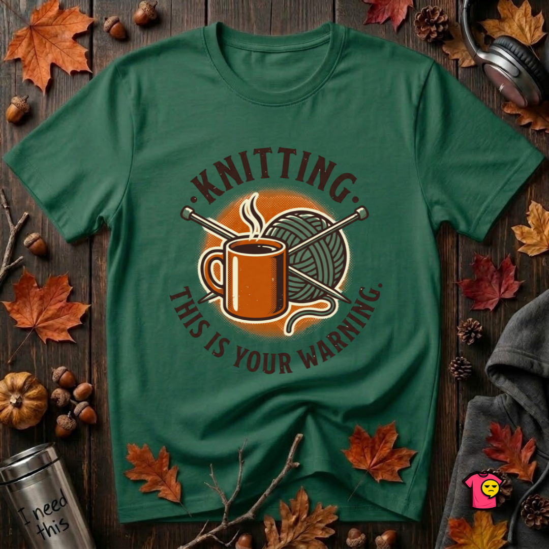 Knitting. This is Your Warning. sarcastic graphic t-shirt in Evergreen by Snarky Sarks