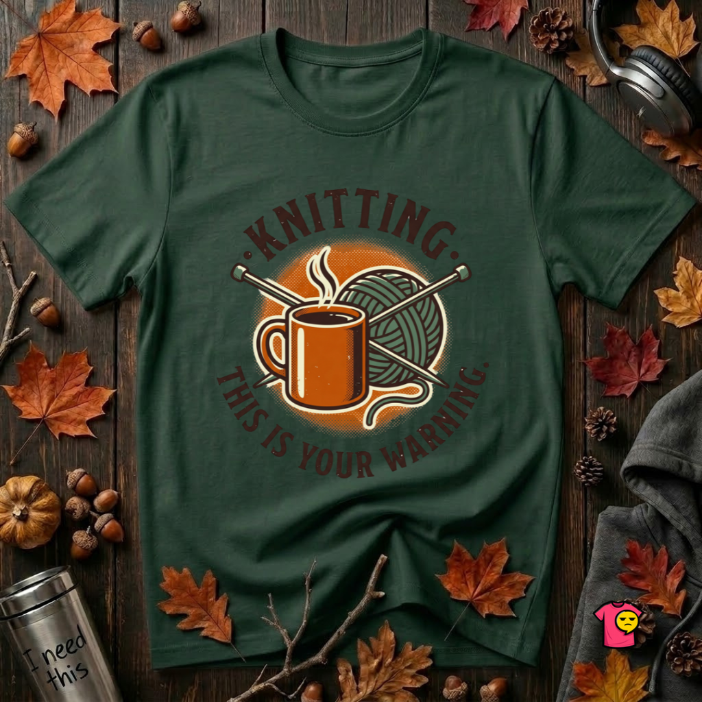 Knitting. This is Your Warning. sarcastic graphic t-shirt in Forest by Snarky Sarks