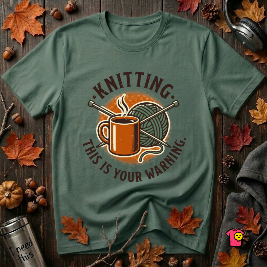 Knitting. This is Your Warning. sarcastic graphic t-shirt in Heather Forest by Snarky Sarks