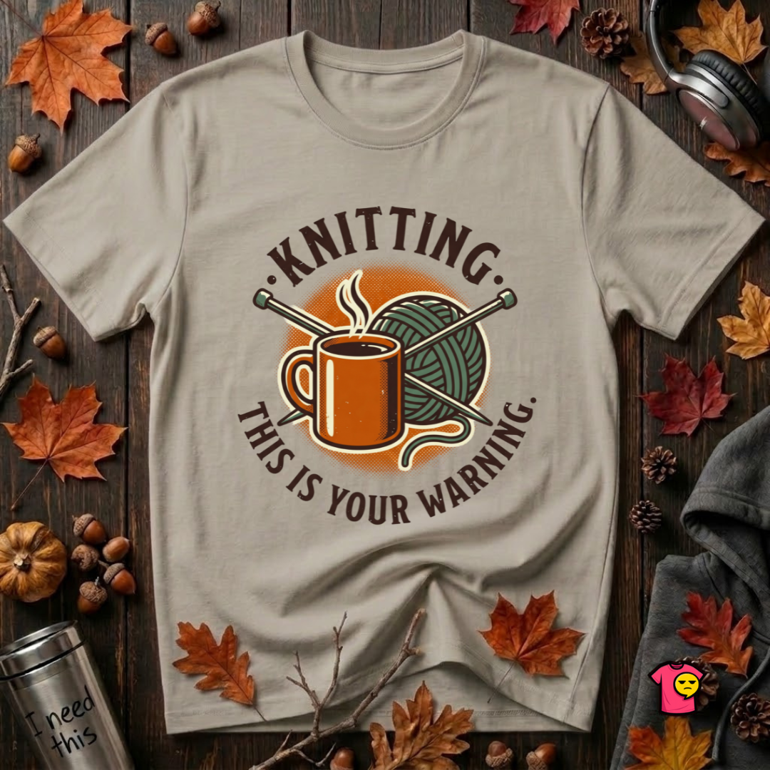 Knitting. This is Your Warning. sarcastic graphic t-shirt in Heather Stone by Snarky Sarks
