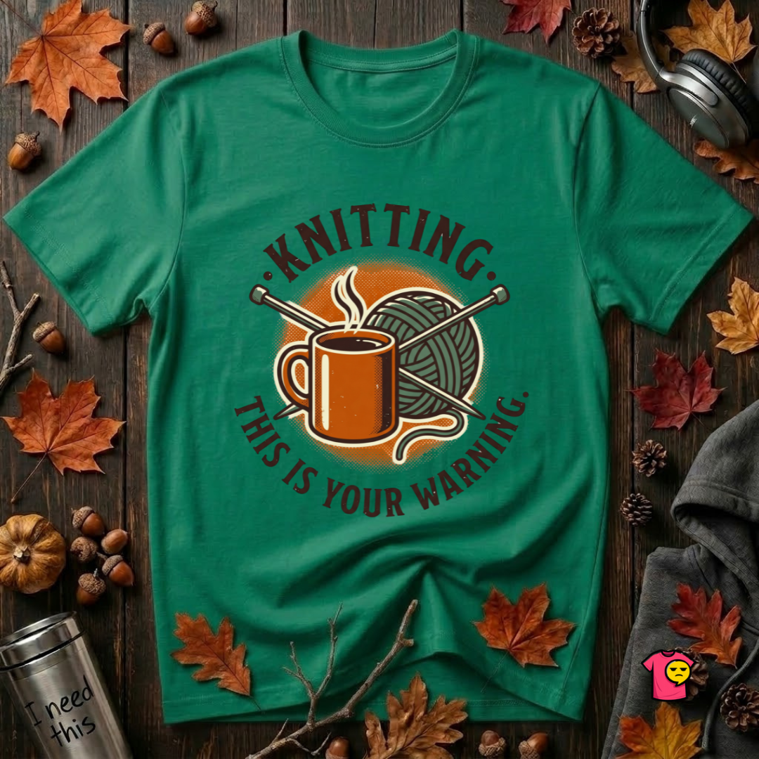 Knitting. This is Your Warning. sarcastic graphic t-shirt in Kelly by Snarky Sarks