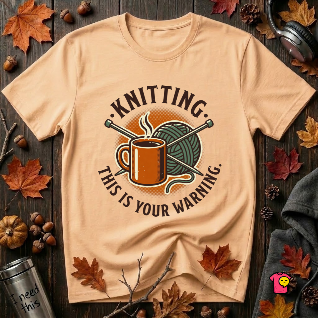 Knitting. This is Your Warning. sarcastic graphic t-shirt in Peach by Snarky Sarks