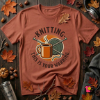 Knitting. This is Your Warning. sarcastic graphic t-shirt in Rust by Snarky Sarks