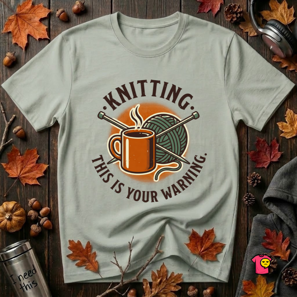 Knitting. This is Your Warning. sarcastic graphic t-shirt in Sage by Snarky Sarks