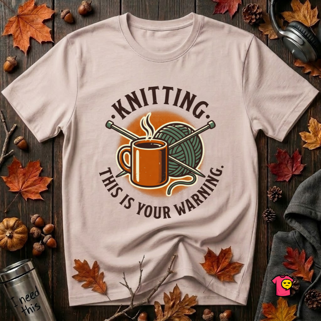 Knitting. This is Your Warning. sarcastic graphic t-shirt in Soft Pink by Snarky Sarks