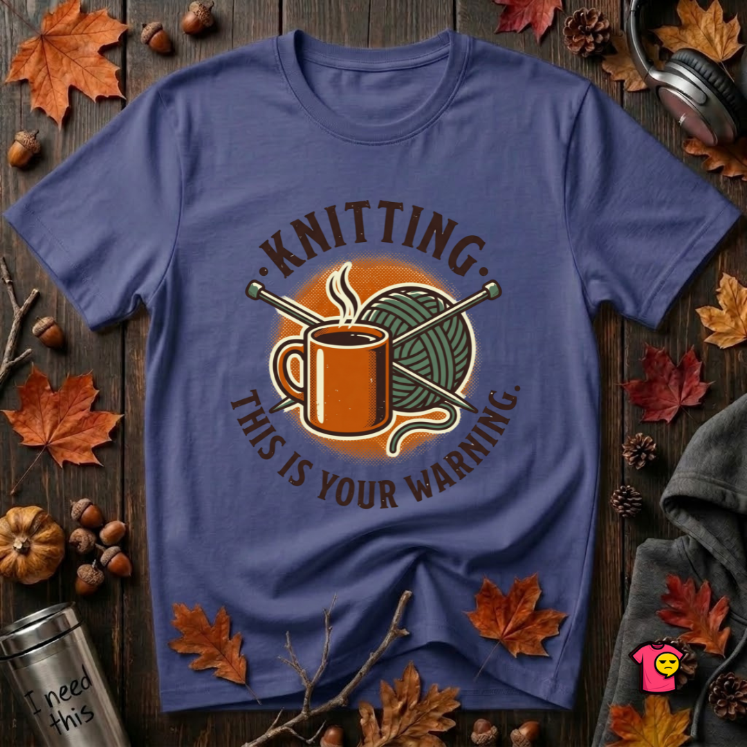 Knitting. This is Your Warning. sarcastic graphic t-shirt in Team Navy by Snarky Sarks