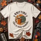 Knitting. This is Your Warning. sarcastic graphic t-shirt in White by Snarky Sarks